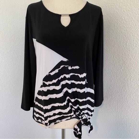 Black White Color Block Wave Pattern Key Hole Cut Out Tie Front Blouse Size PL - Picture 2 of 12